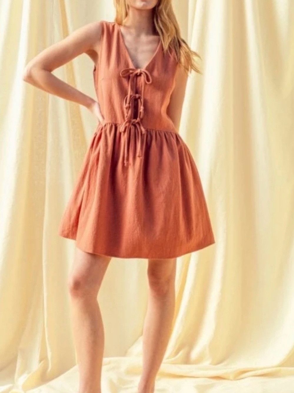 Sleeveless Tie-Front Mini Dress - Rust